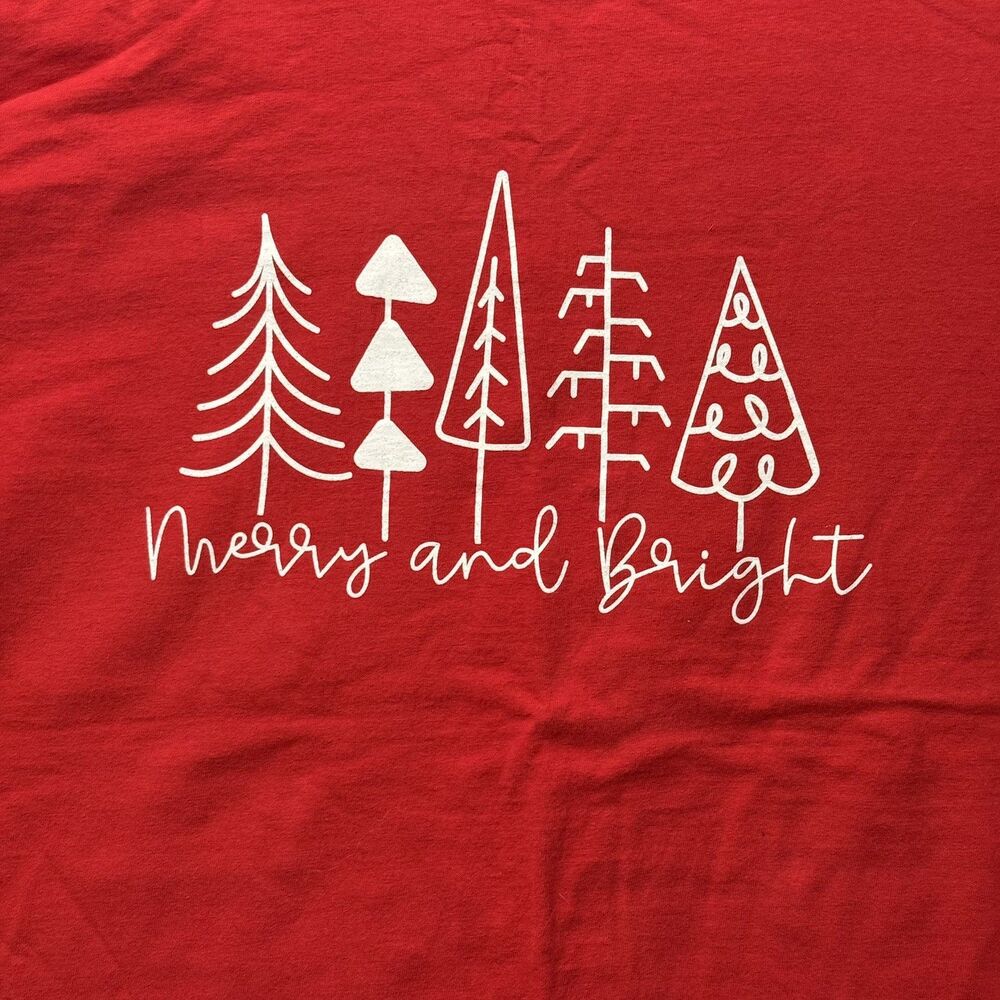 Merry & Bright Christmas Tree Shirt Womens Large Red Long Sleeve Graphic Tee L
